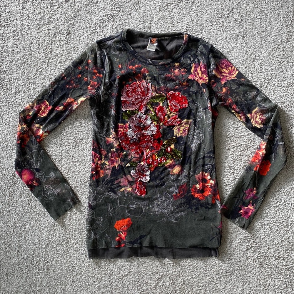 FUZZI Jean Paul Gaultier Soleil Shirt Vintage 1990’s Mesh Velvet Floral Top - L